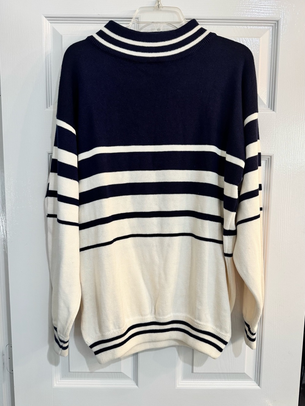 Christian Dior Vintage Navy and Cream Striped Mock Neck Cotton Sweater